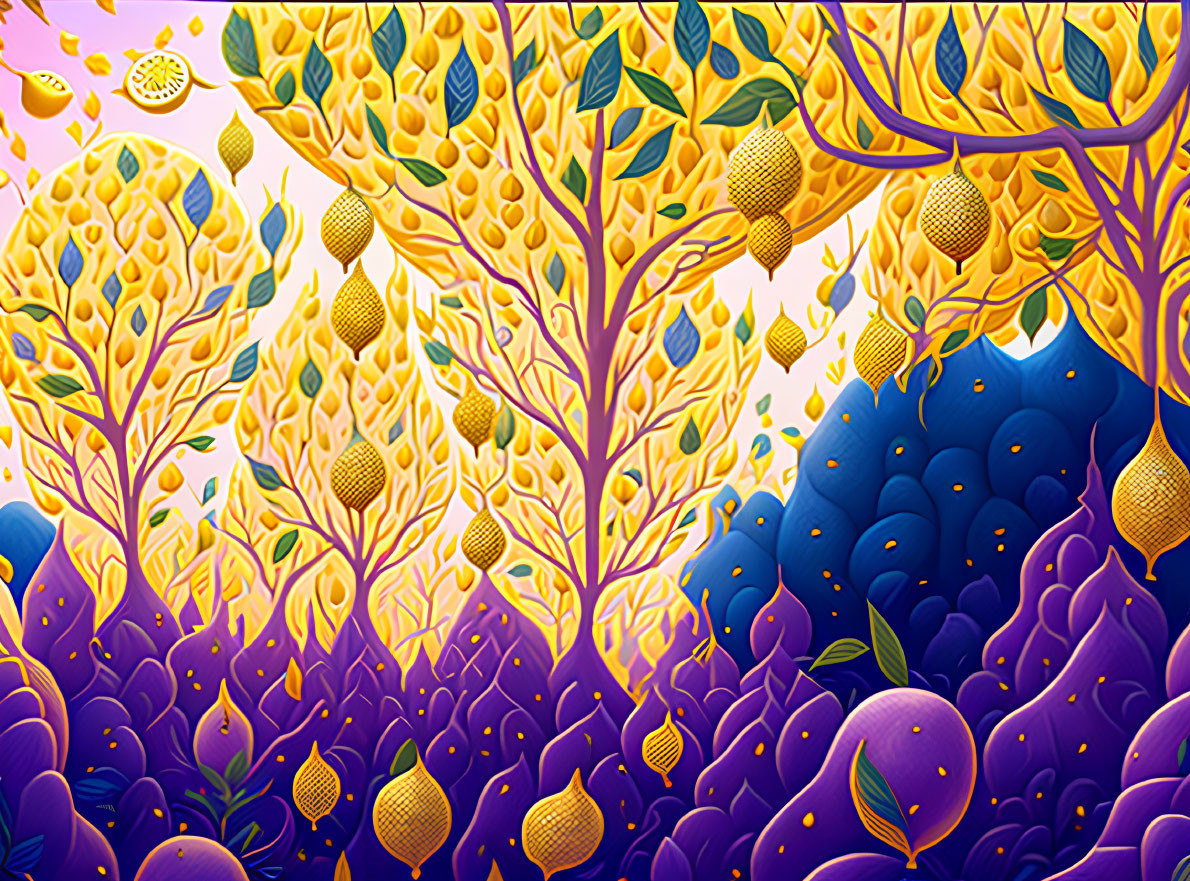 Colorful Lemon Grove Illustration with Yellow Trees and Purple Hills