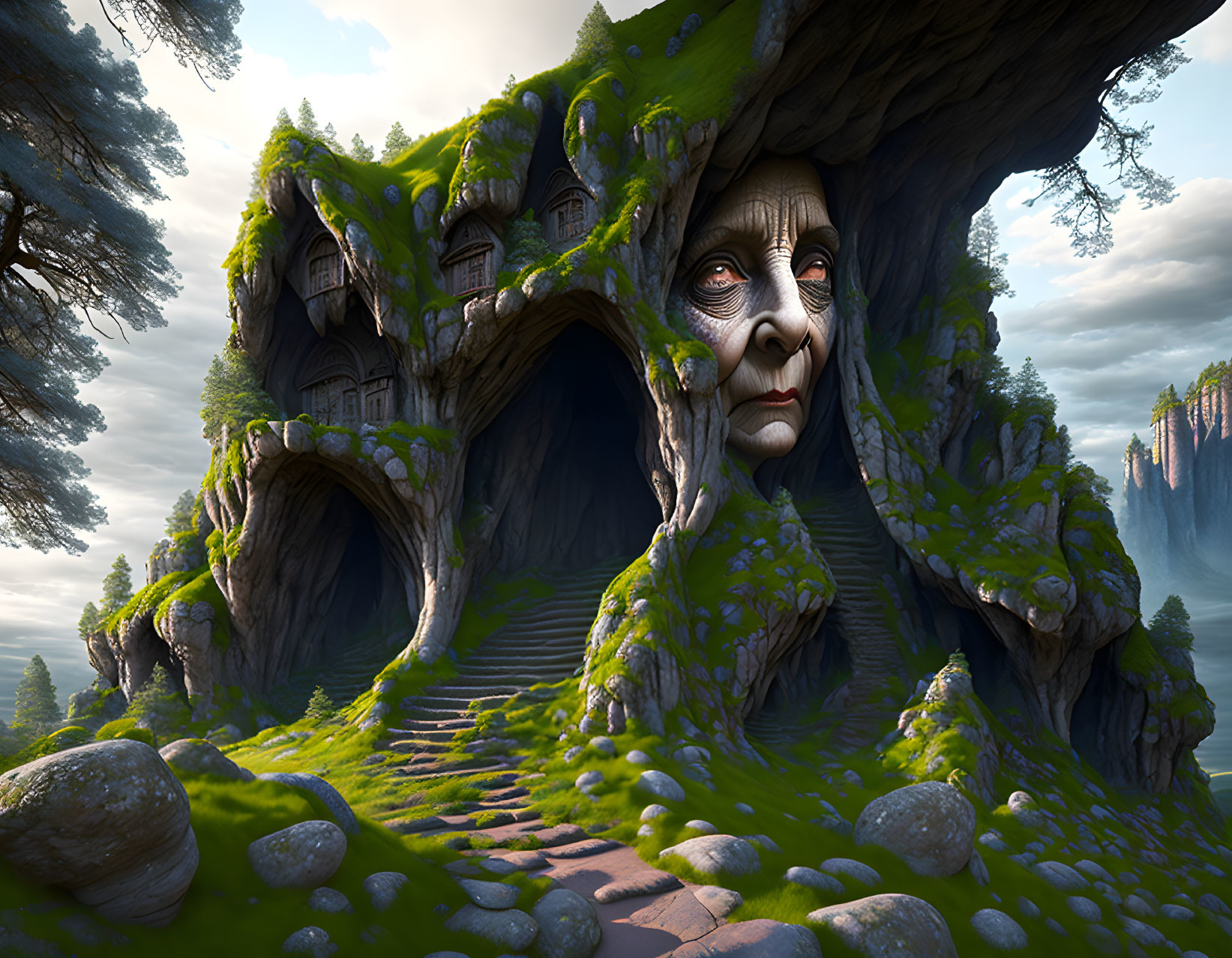 Whimsical landscape with giant tree, human-like face, houses, greenery, and stone staircase