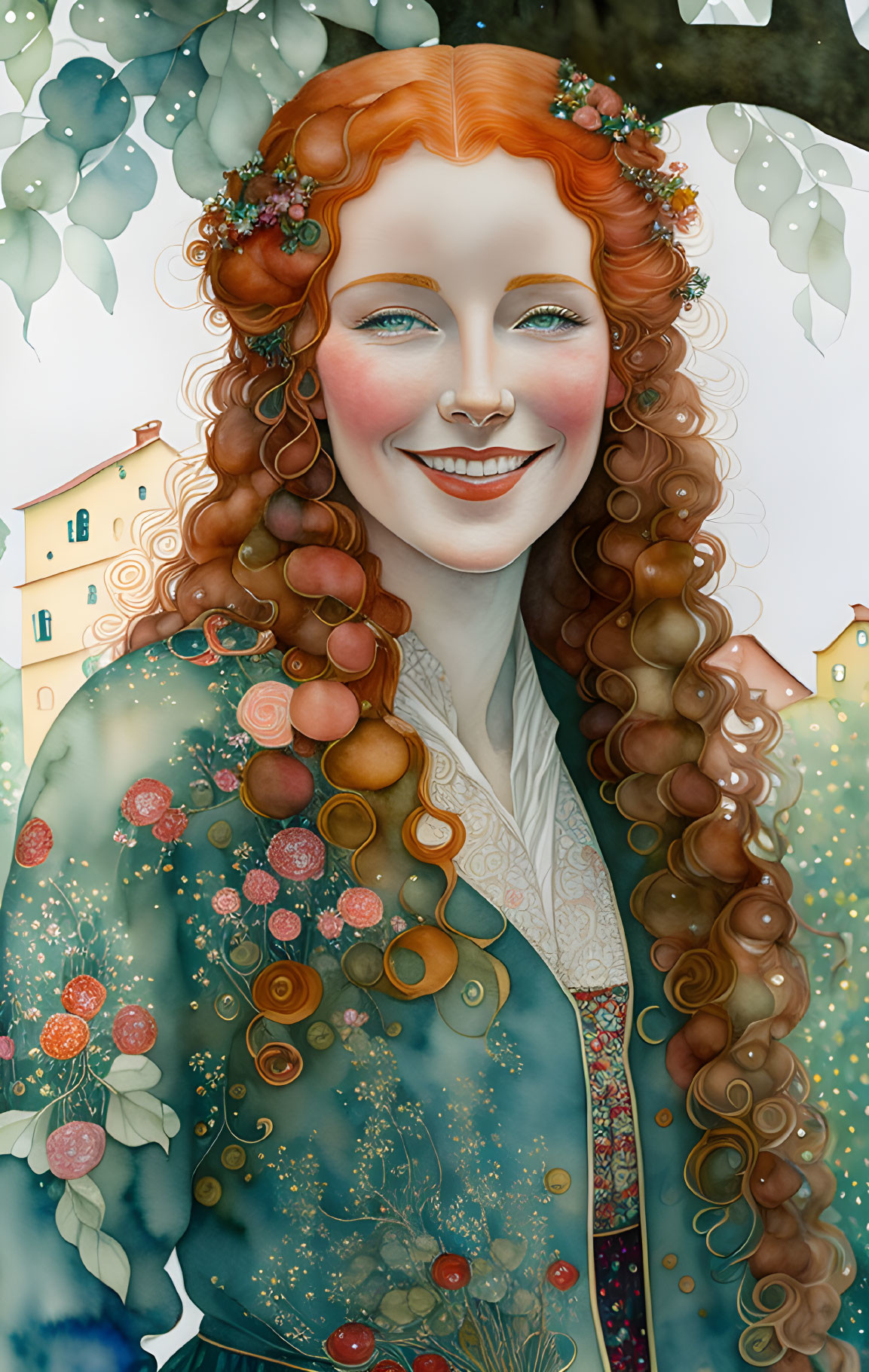 Illustration of woman with red curly hair, floral dress, and whimsical town backdrop