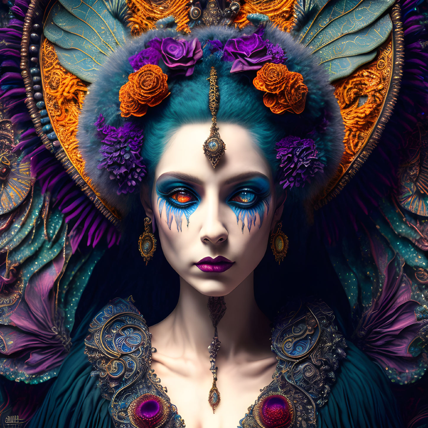 Vibrant blue-skinned woman with colorful headdress and makeup