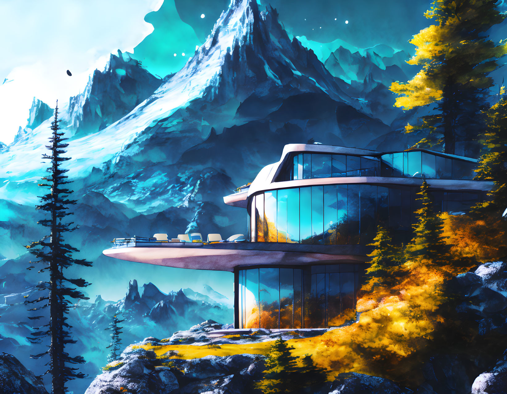 Modern cliffside house with large glass windows amidst autumn trees and snowy mountains