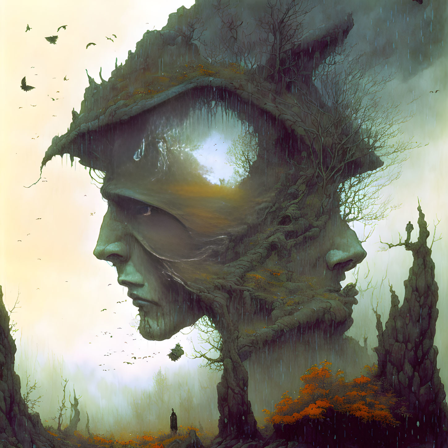 Surrealist landscape with giant face merging with nature and tiny figure