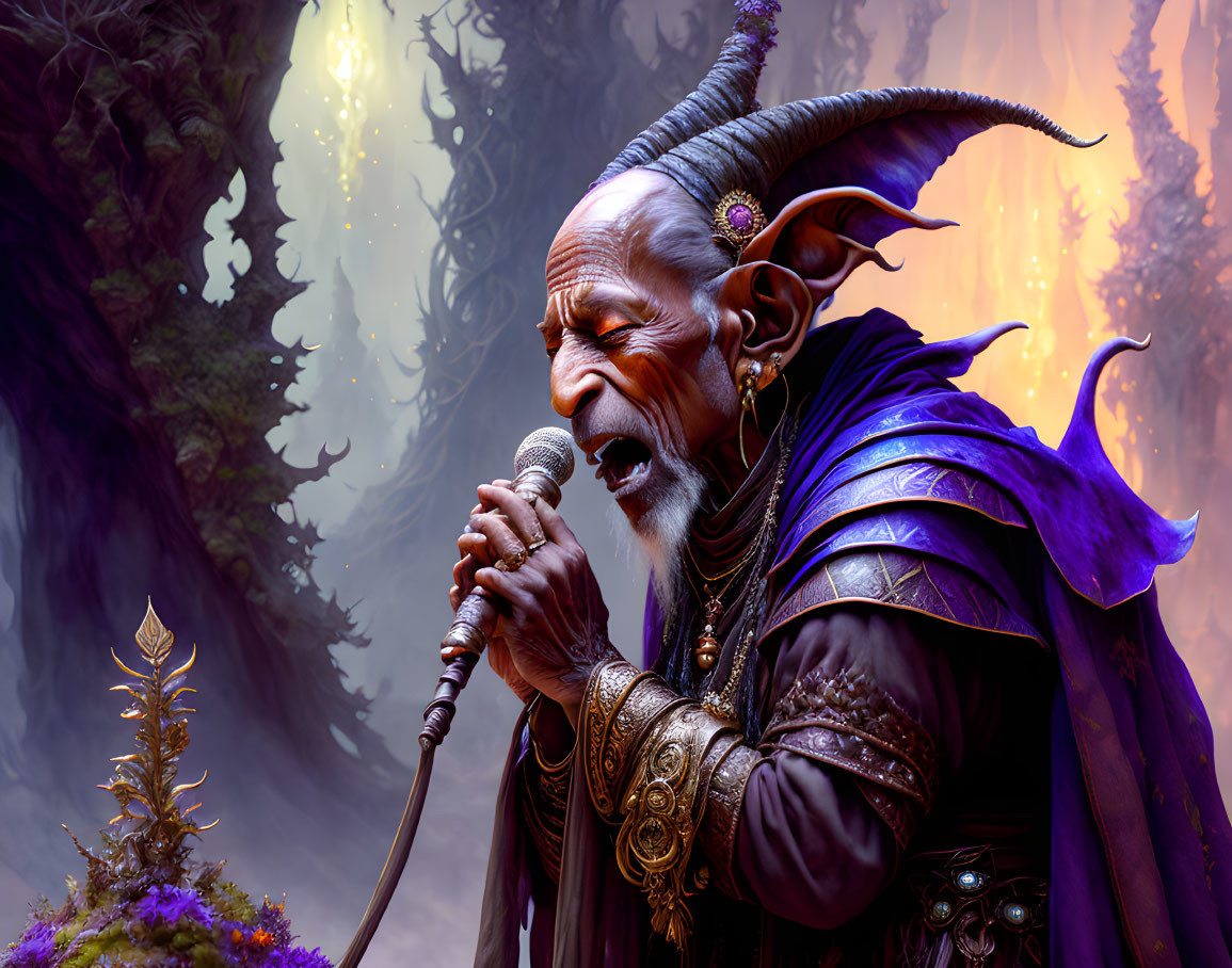 Elderly fantasy character with horns and pointed ears singing in elegant purple robes