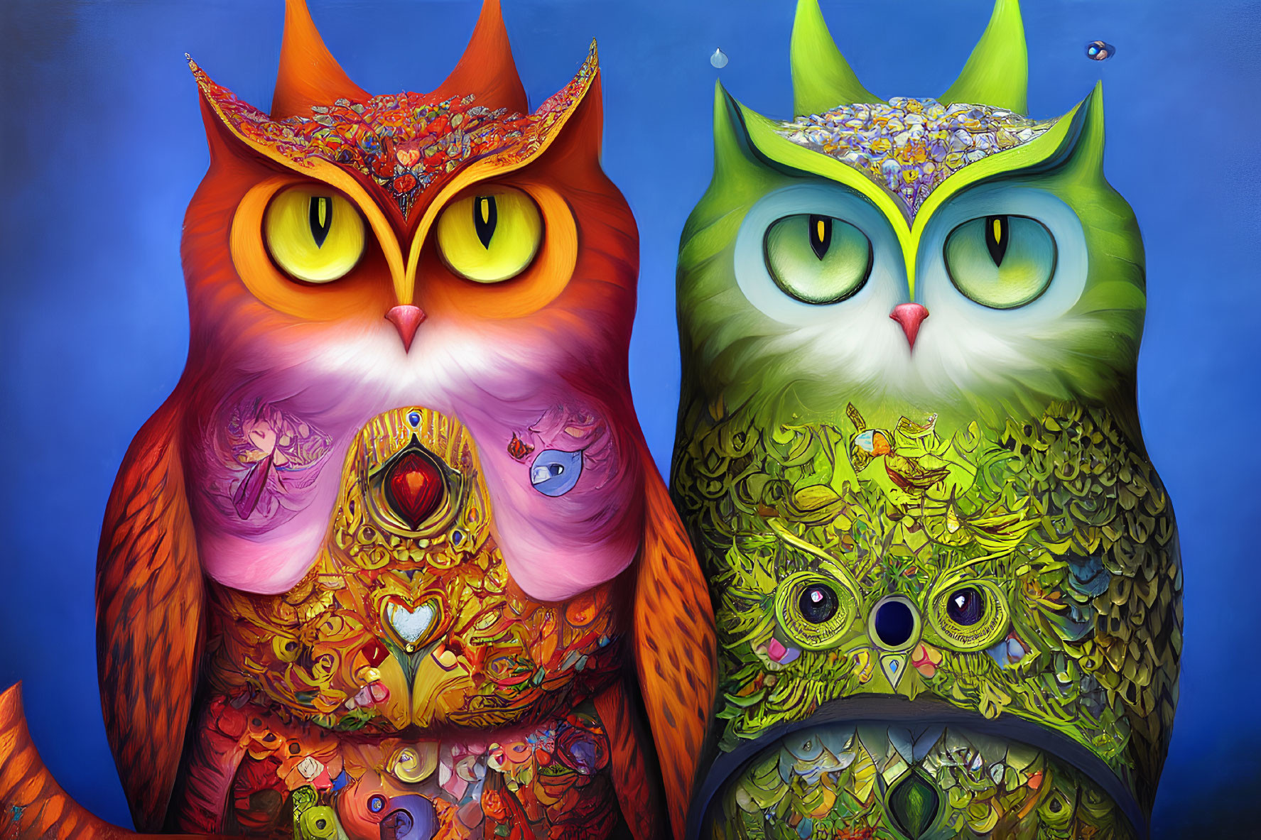 Colorful Illustrated Owls with Vibrant Patterns on Blue Background