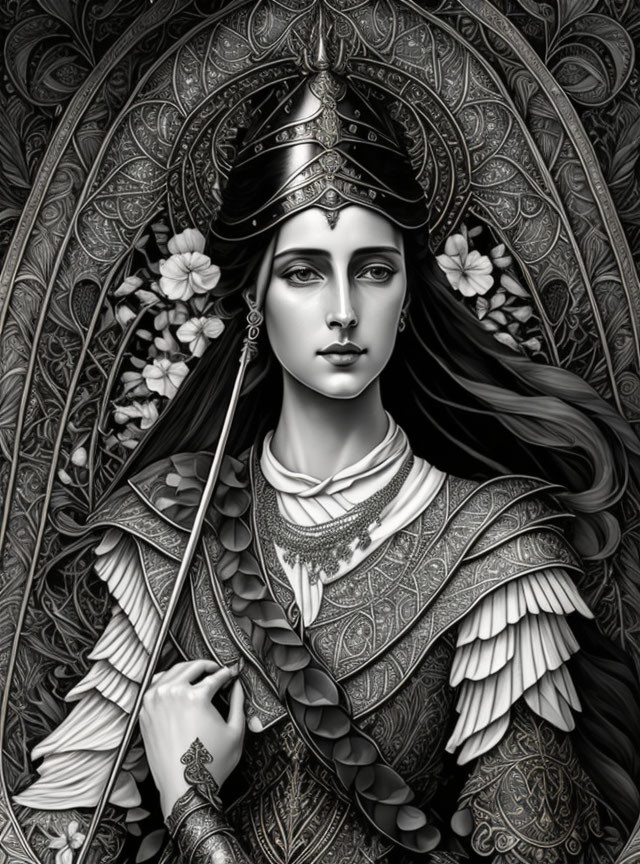 Monochrome illustration of regal woman in ornate armor and headdress