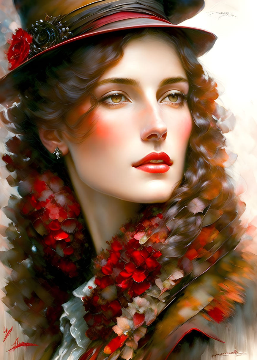 Portrait of a Woman with Red Flower Hat and Scarf