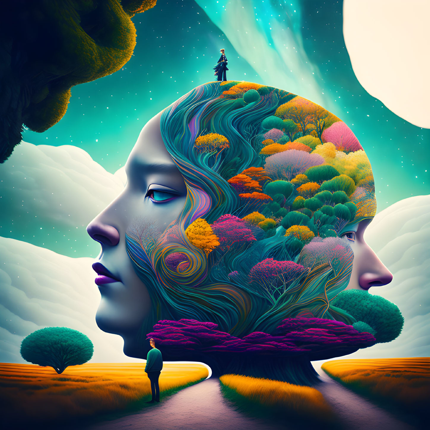 Surreal illustration: Two faces merge with vibrant trees under a moon