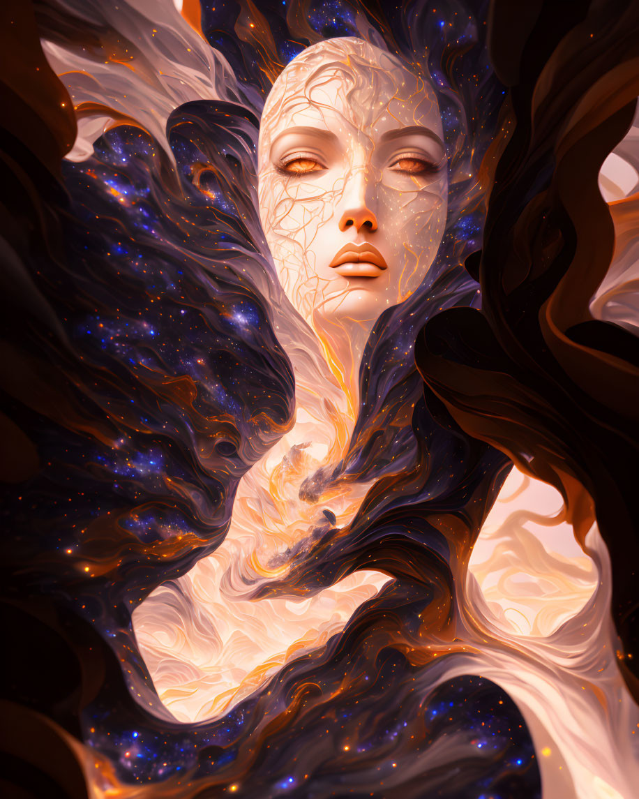 Surreal digital artwork of female face with cosmic textures