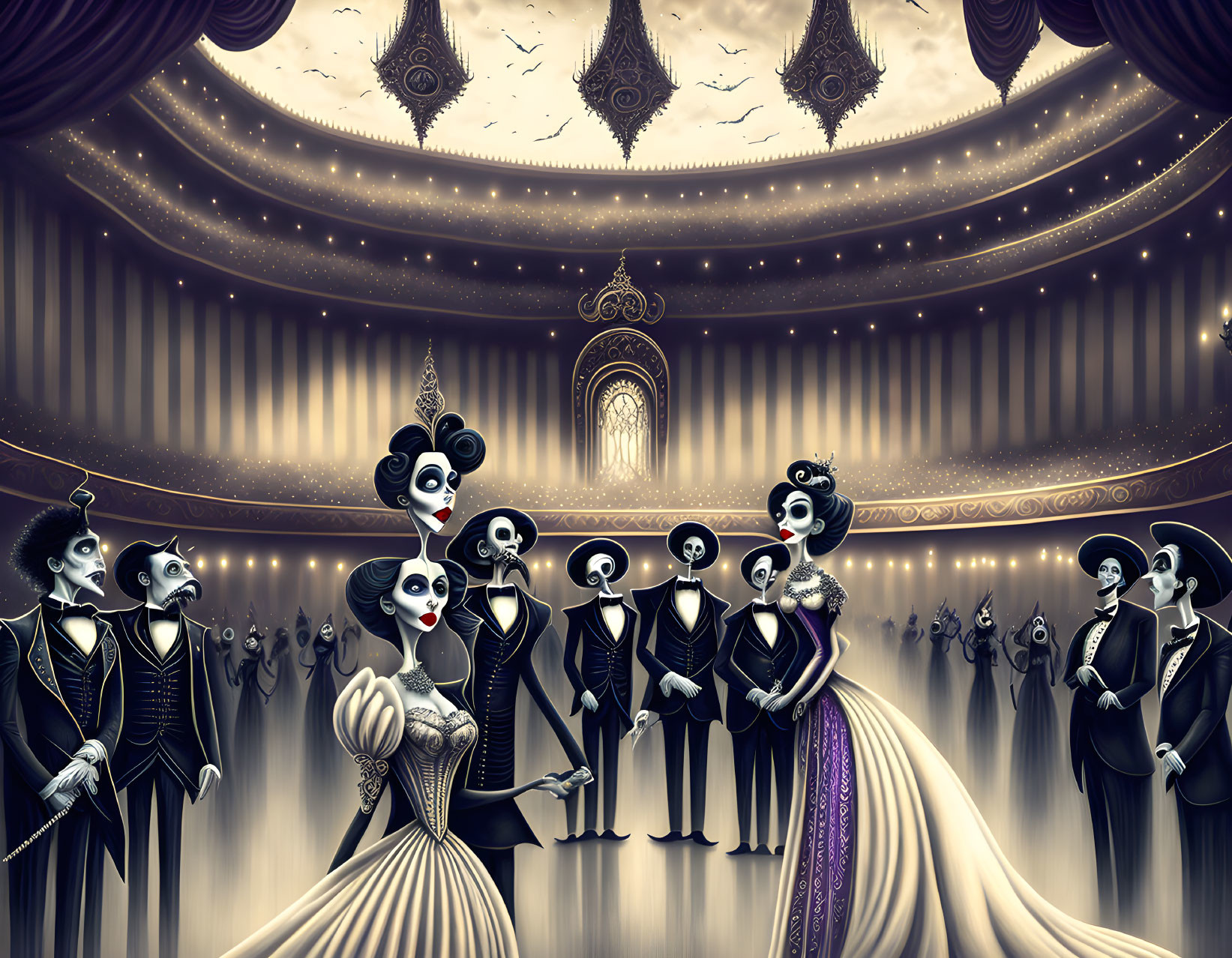 Skeletal Figures in Elegant Attire at Posh Ballroom Gathering