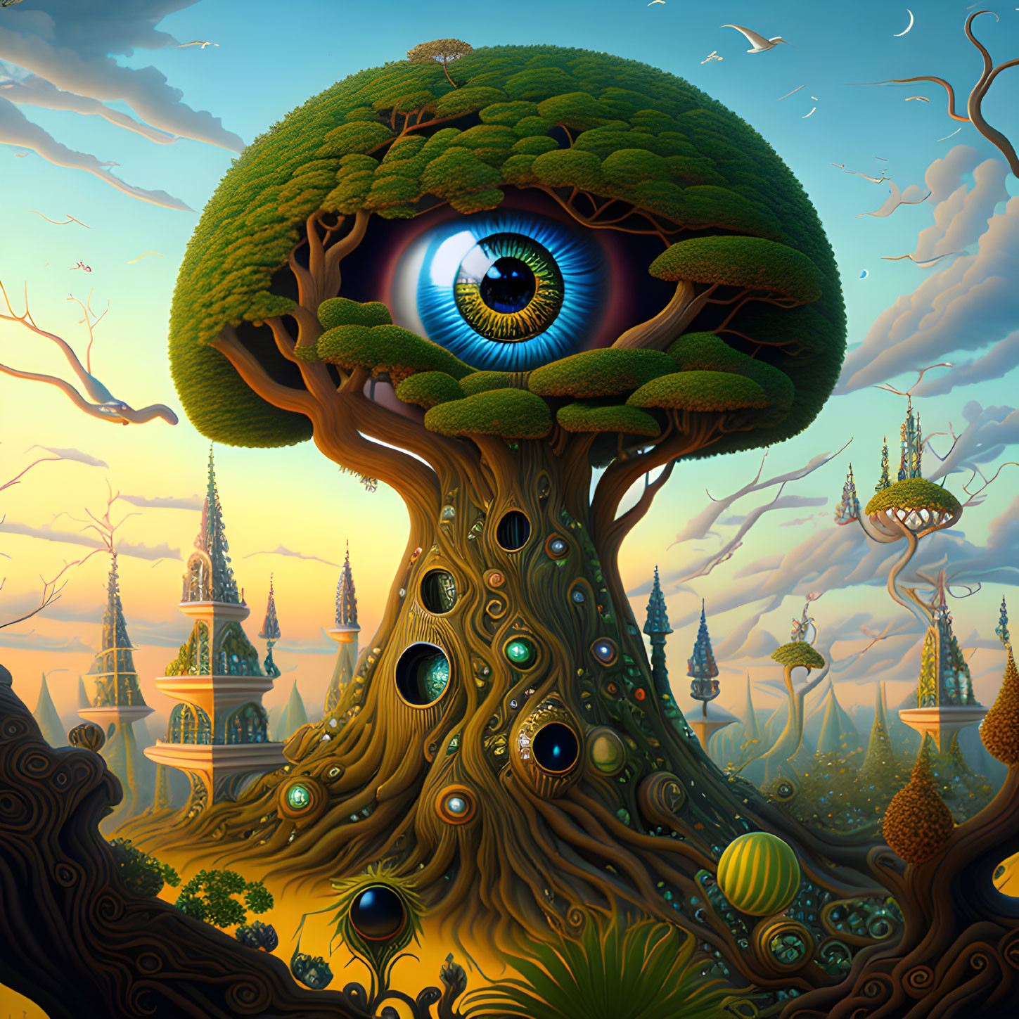 Fantasy landscape with whimsical tree, eye, and twilight sky