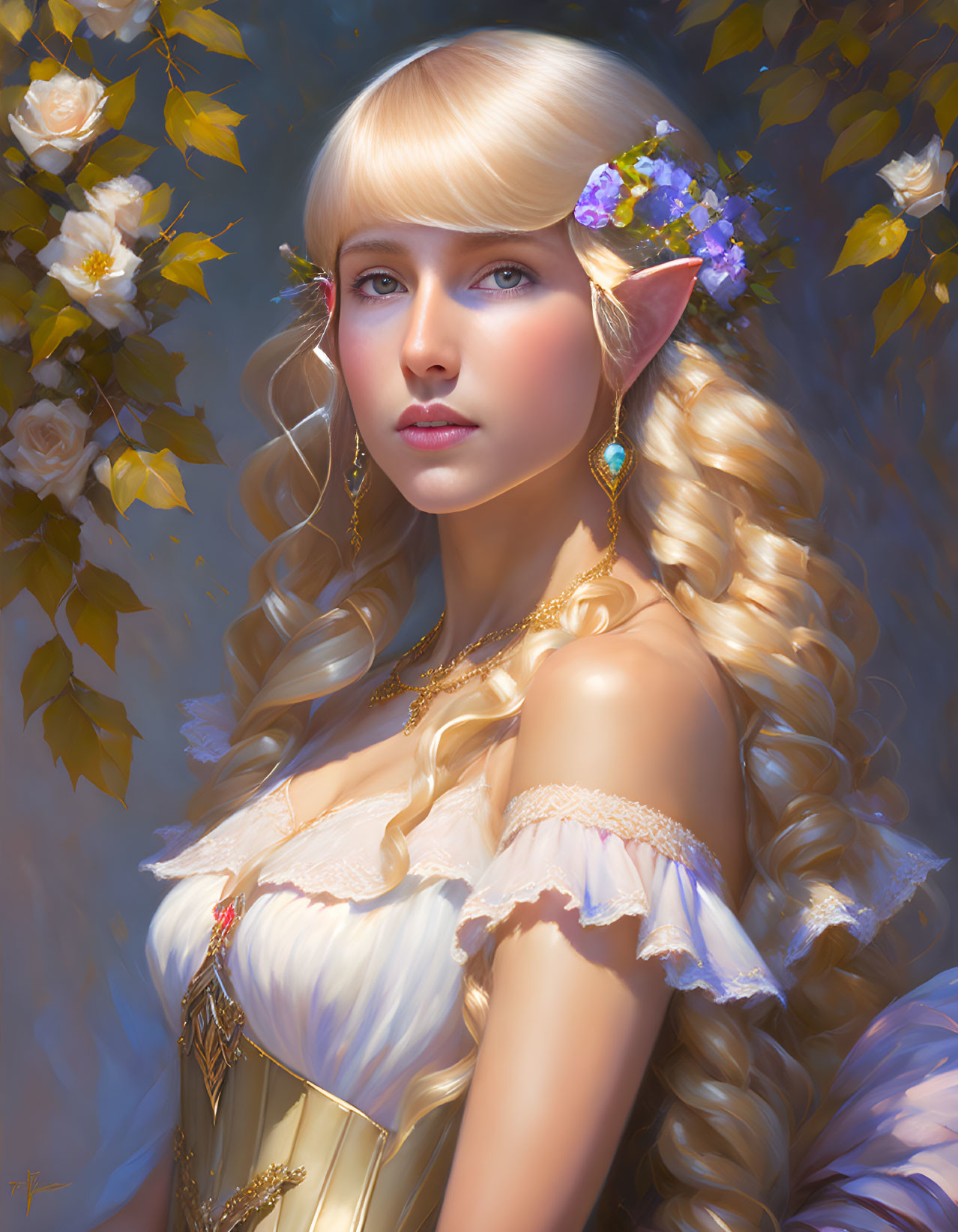 Fantasy portrait: Elf woman with long blond hair, flowers, gold jewelry, roses.