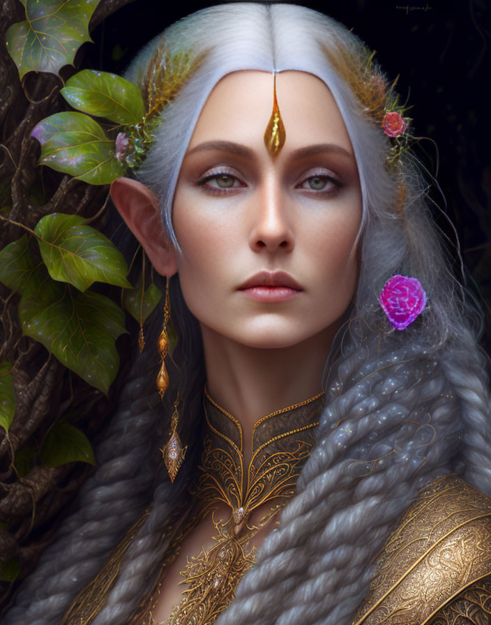 Ethereal figure with pointed ears and white hair in a fantasy elf setting