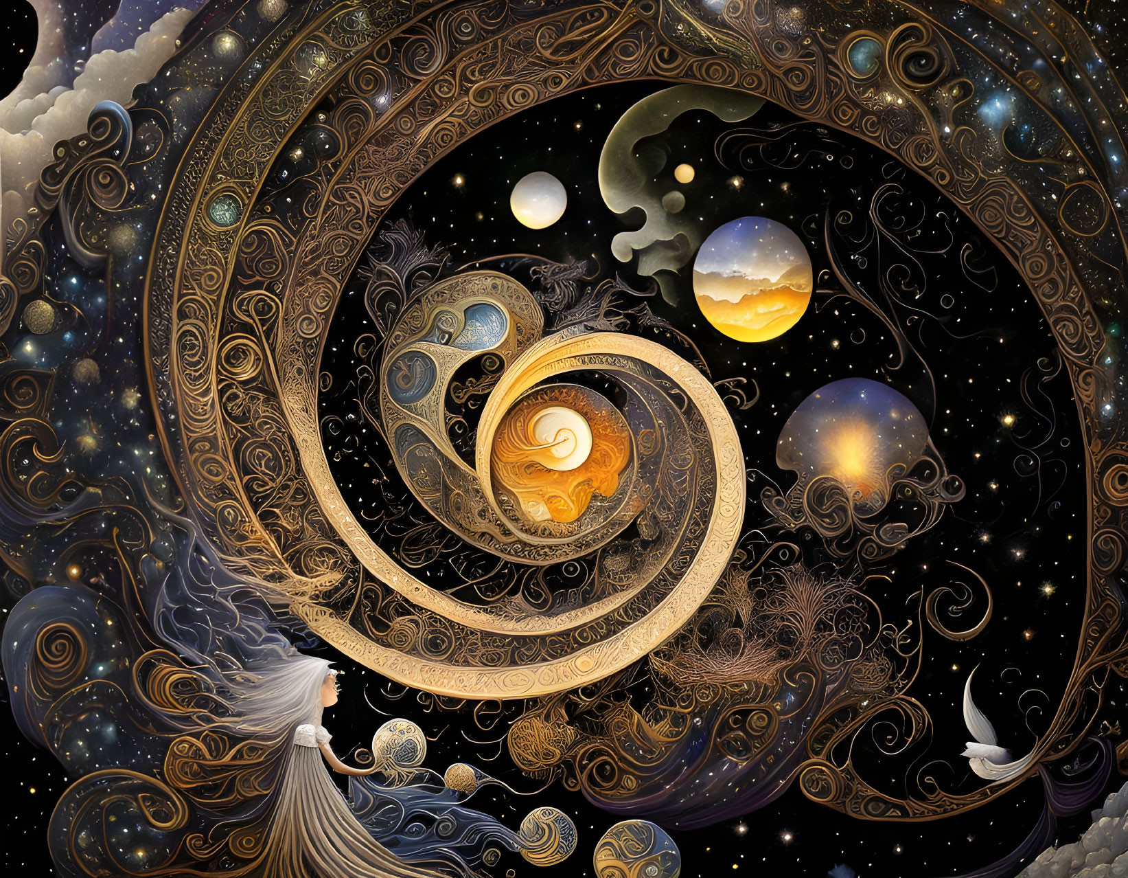 Woman in white gazes at swirling galaxy with planets and stars in ornate art style