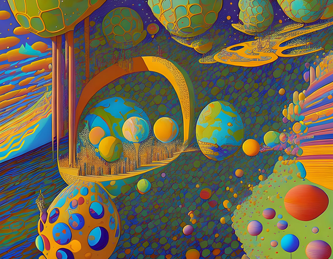 Vibrant psychedelic space landscape with floating spheres and fantastical structures