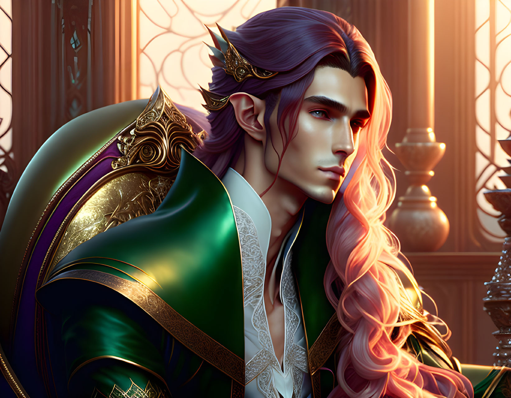 Male elf with pink hair in green cloak, sitting in ornate room