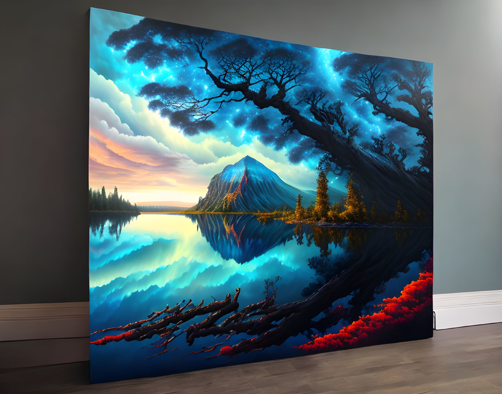 Surreal landscape canvas art: vivid blue sky, reflective lake, central mountain.