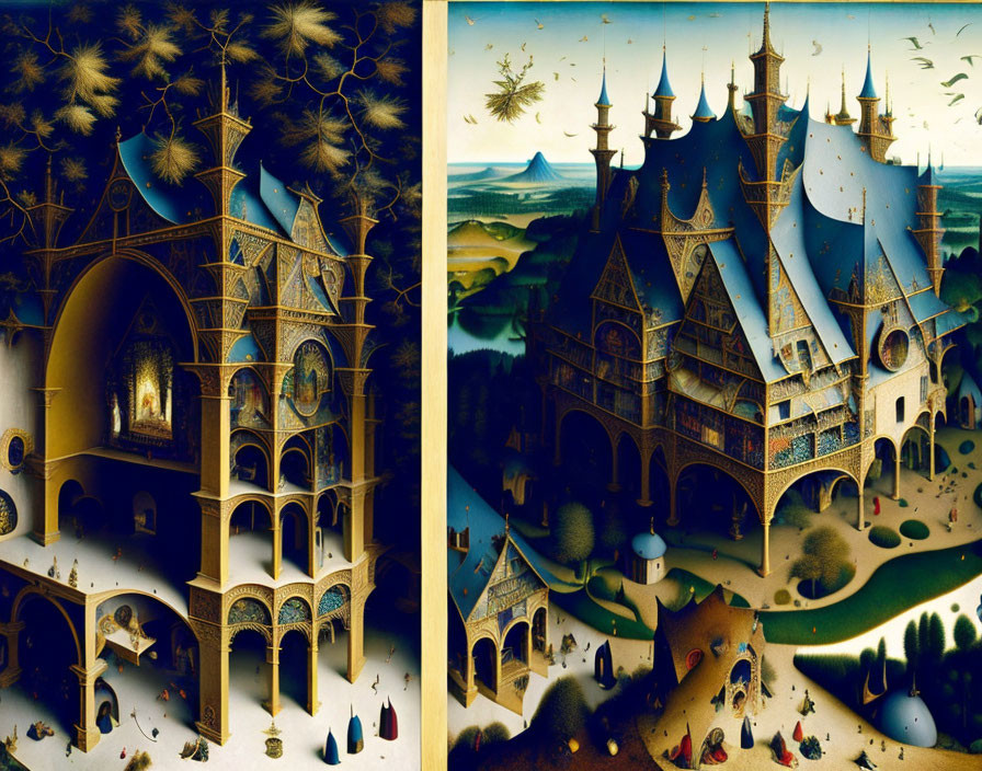 Fantastical diptych painting: Gothic castle in dreamlike landscape