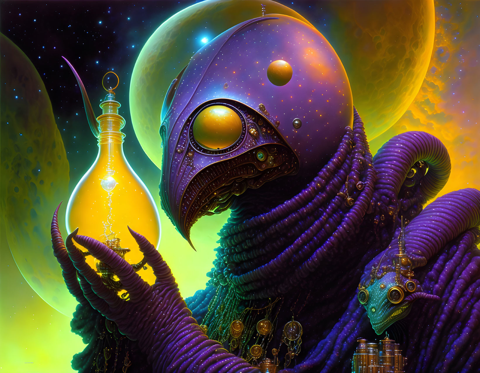 Colorful alien creature with tentacles holding a light bulb in a space-themed setting