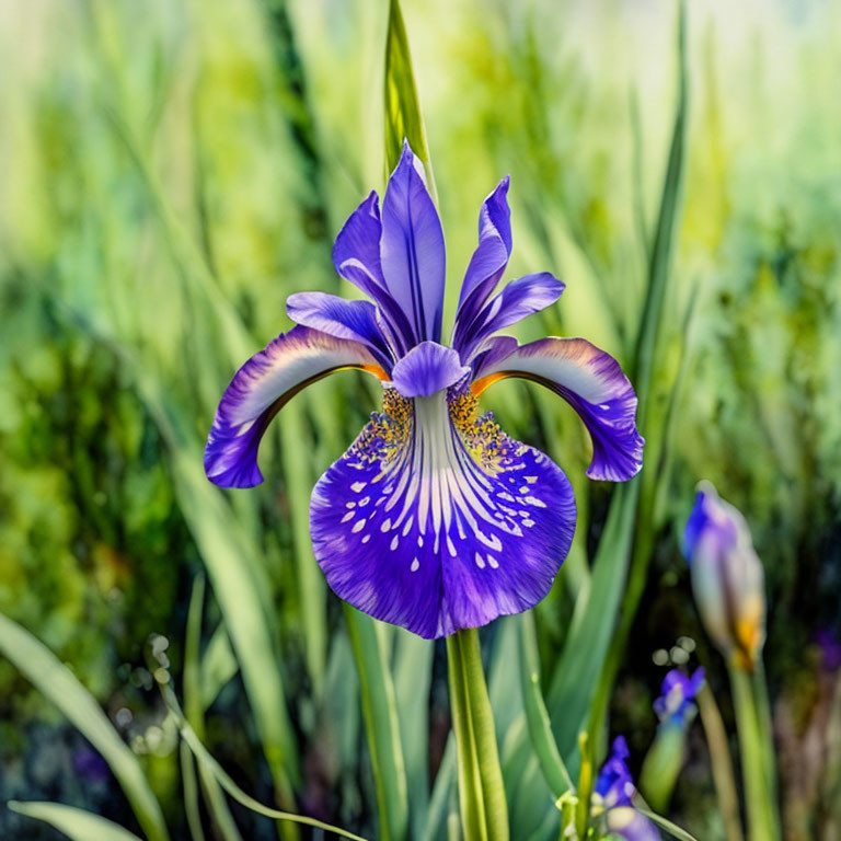 Vibrant purple iris with yellow and white patterns on blurred green background