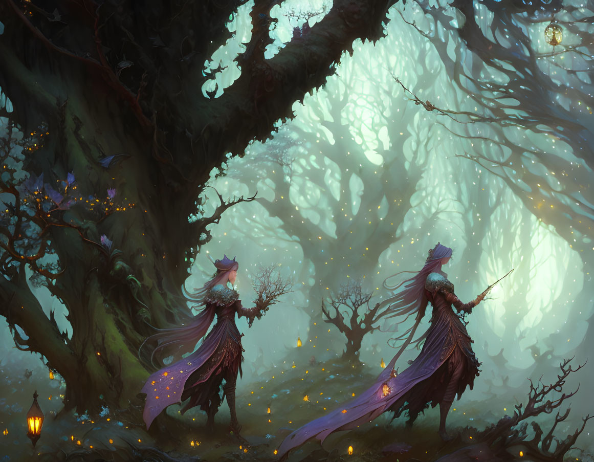 Ethereal fox-like figures in mystical forest with glowing lights