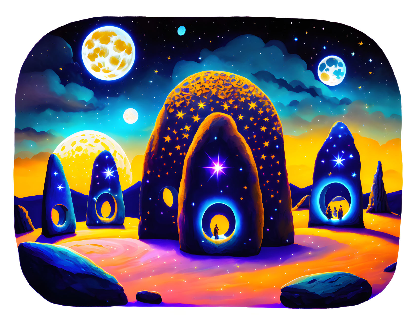 Whimsical night landscape with colorful cartoon houses