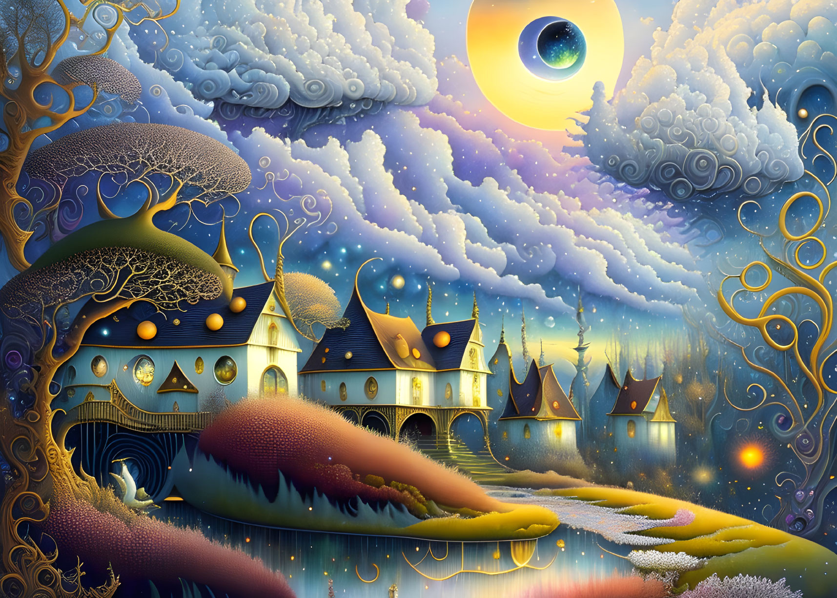 Fantasy landscape with whimsical houses, glowing moon, starry sky, ornate trees