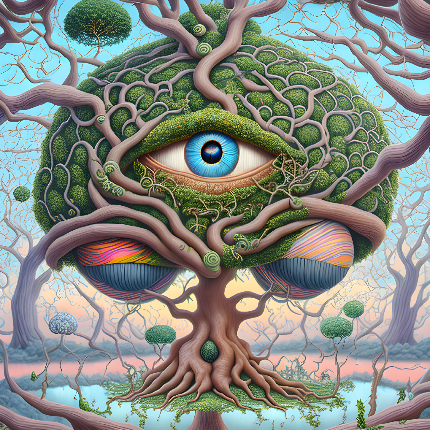 Vibrant surreal image of large tree forming human eye in colorful forest