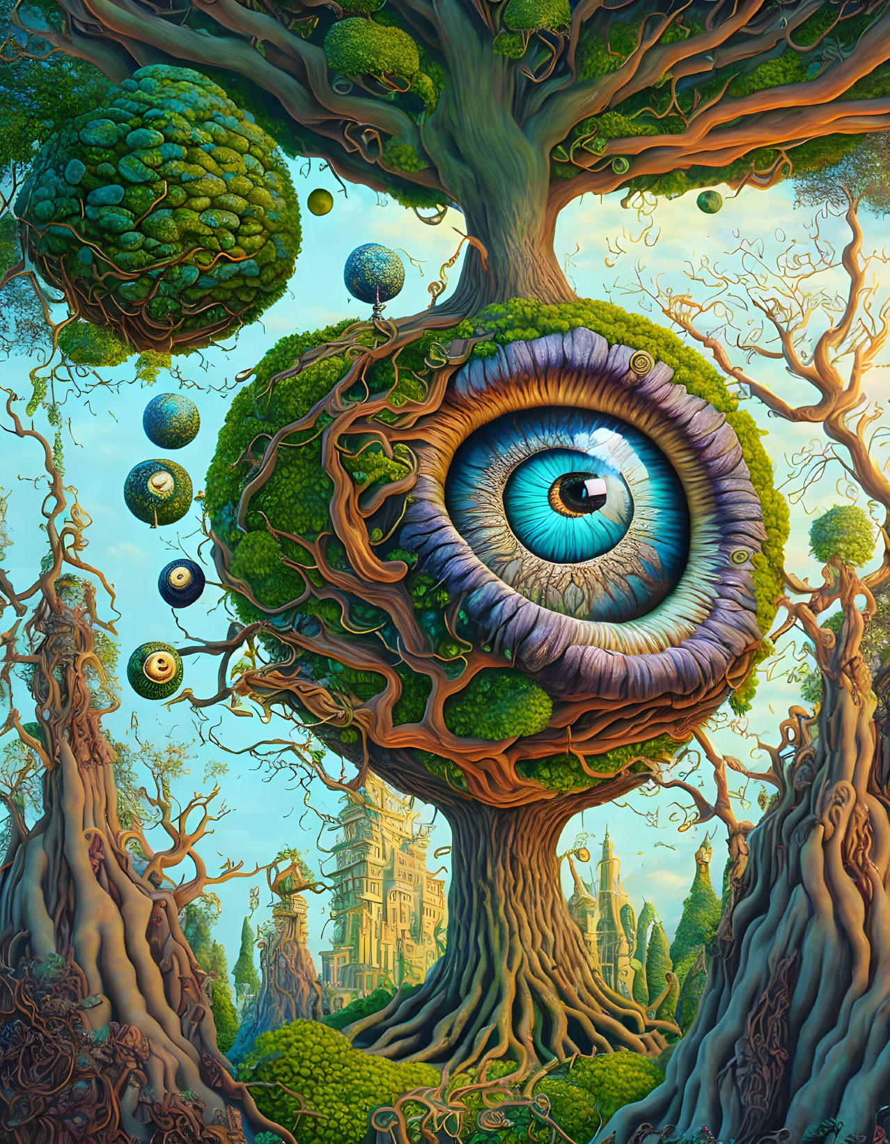 Surreal artwork of tree with eye, orbs, and castle in roots