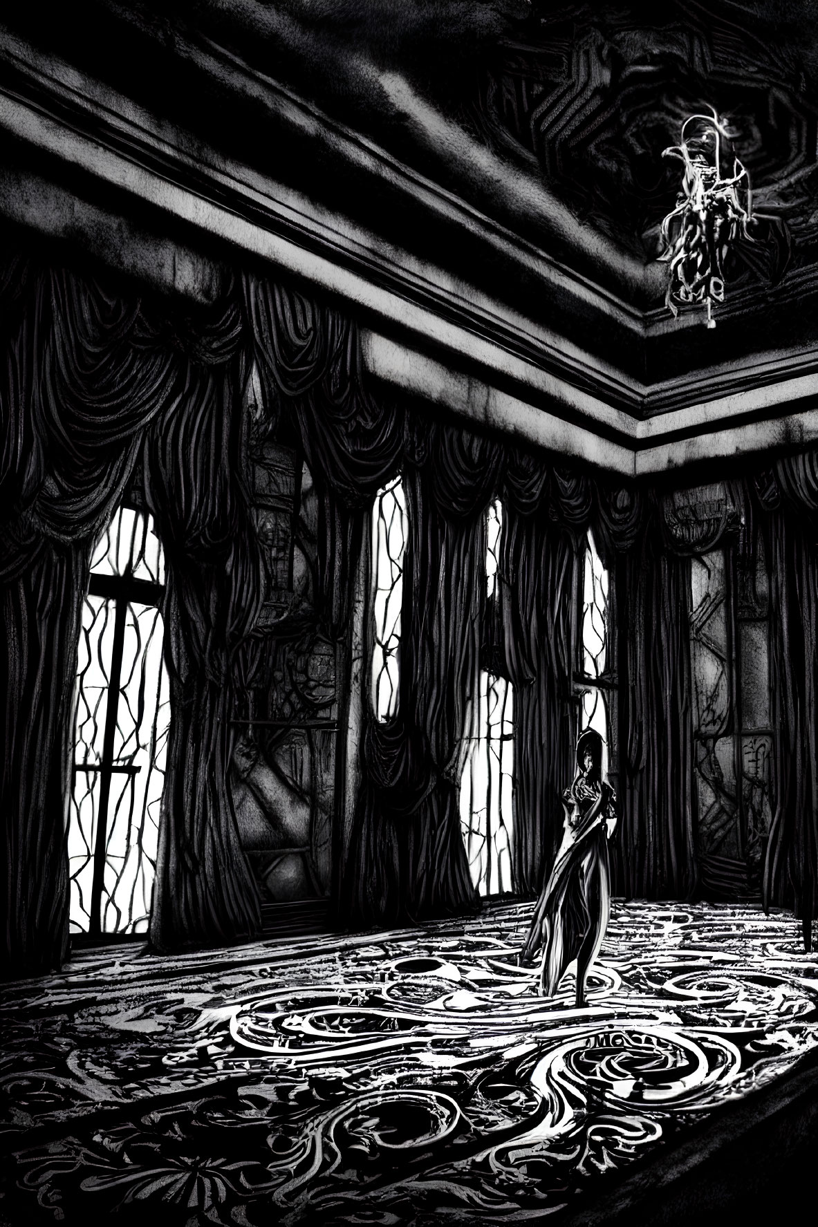 Monochrome drawing of woman in ornate room with chandelier