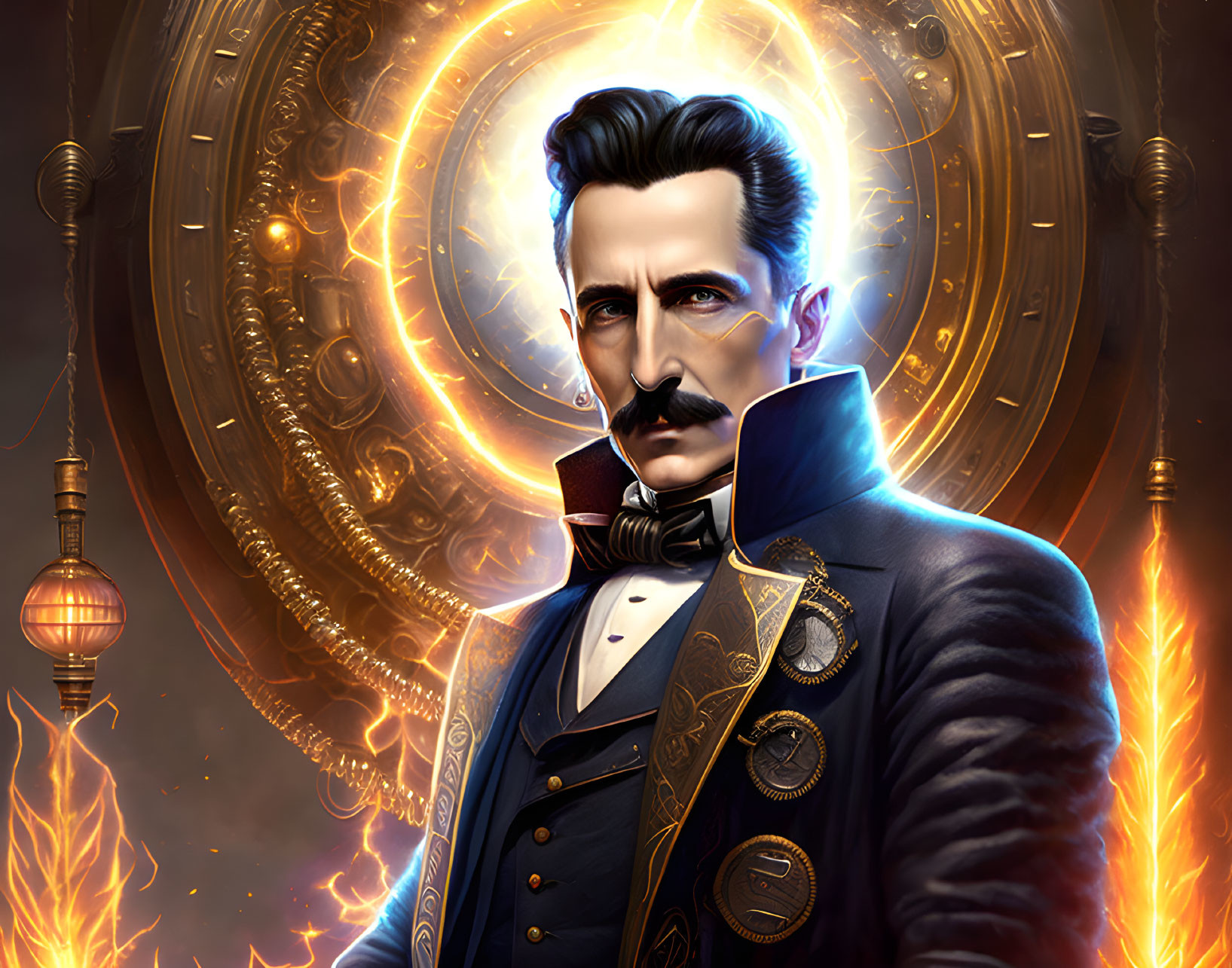 Stylized Victorian man portrait with steampunk theme.