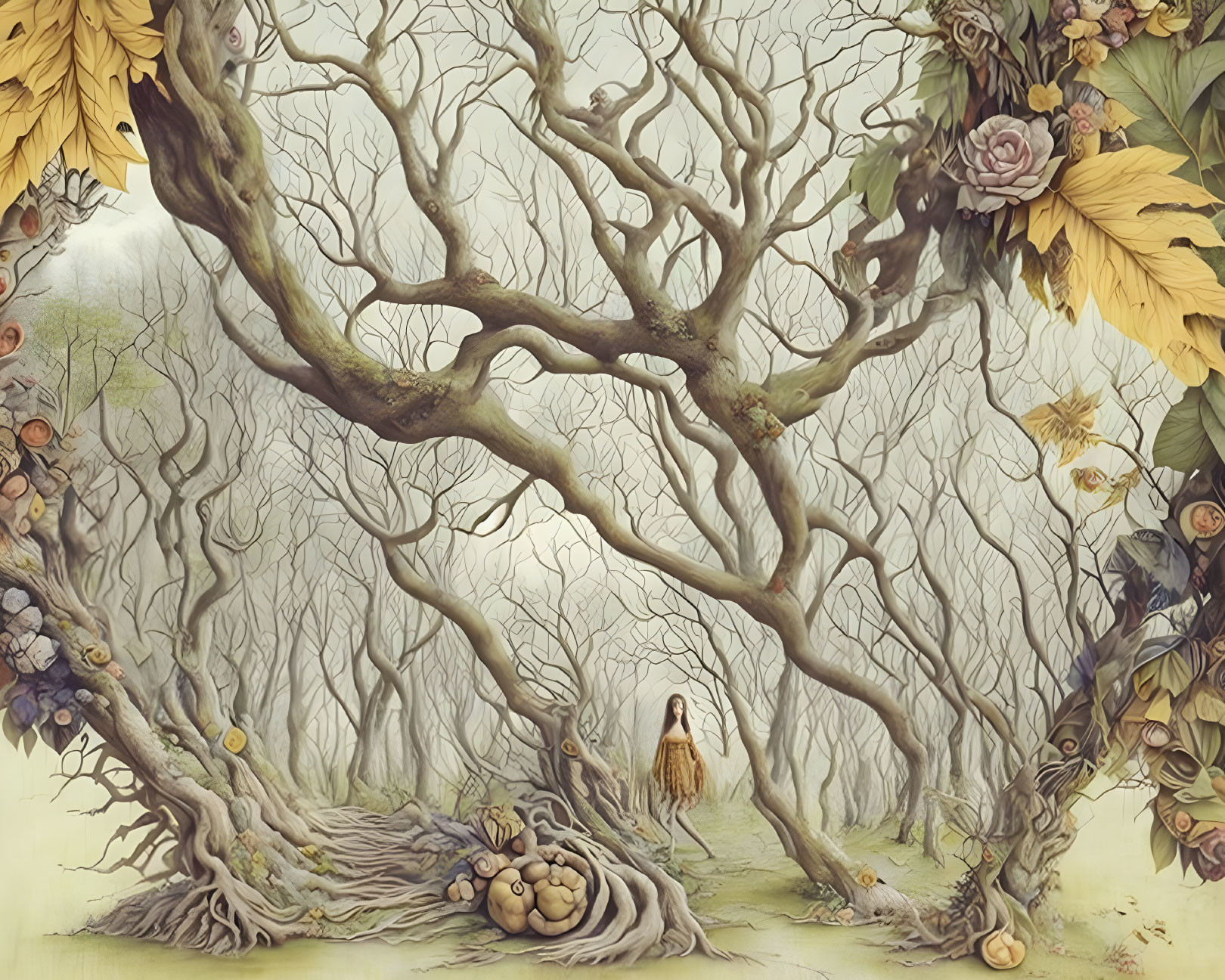 Surreal illustration of person amid twisted trees and oversized flora