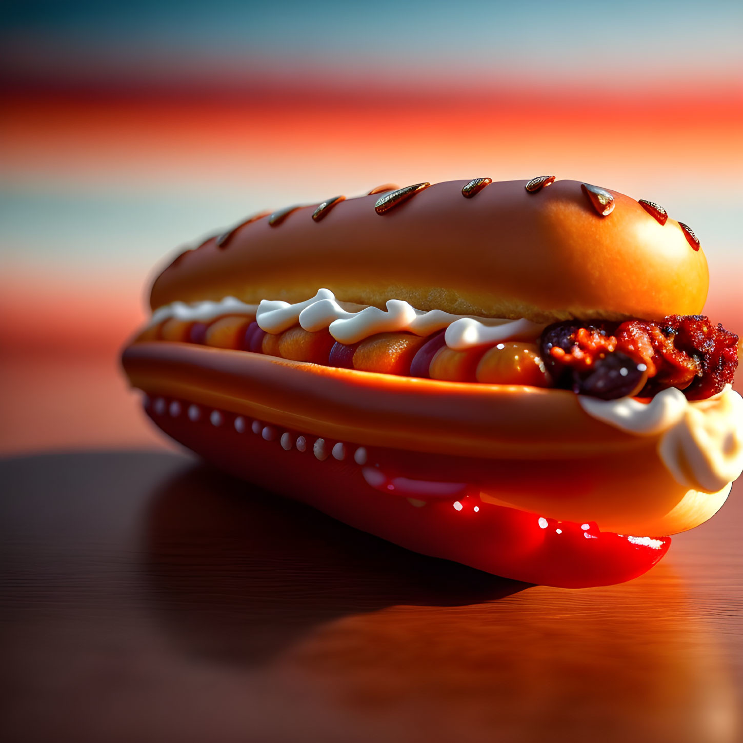 Stylized hot dog with glossy bun, condiments, and grill marks on orange background