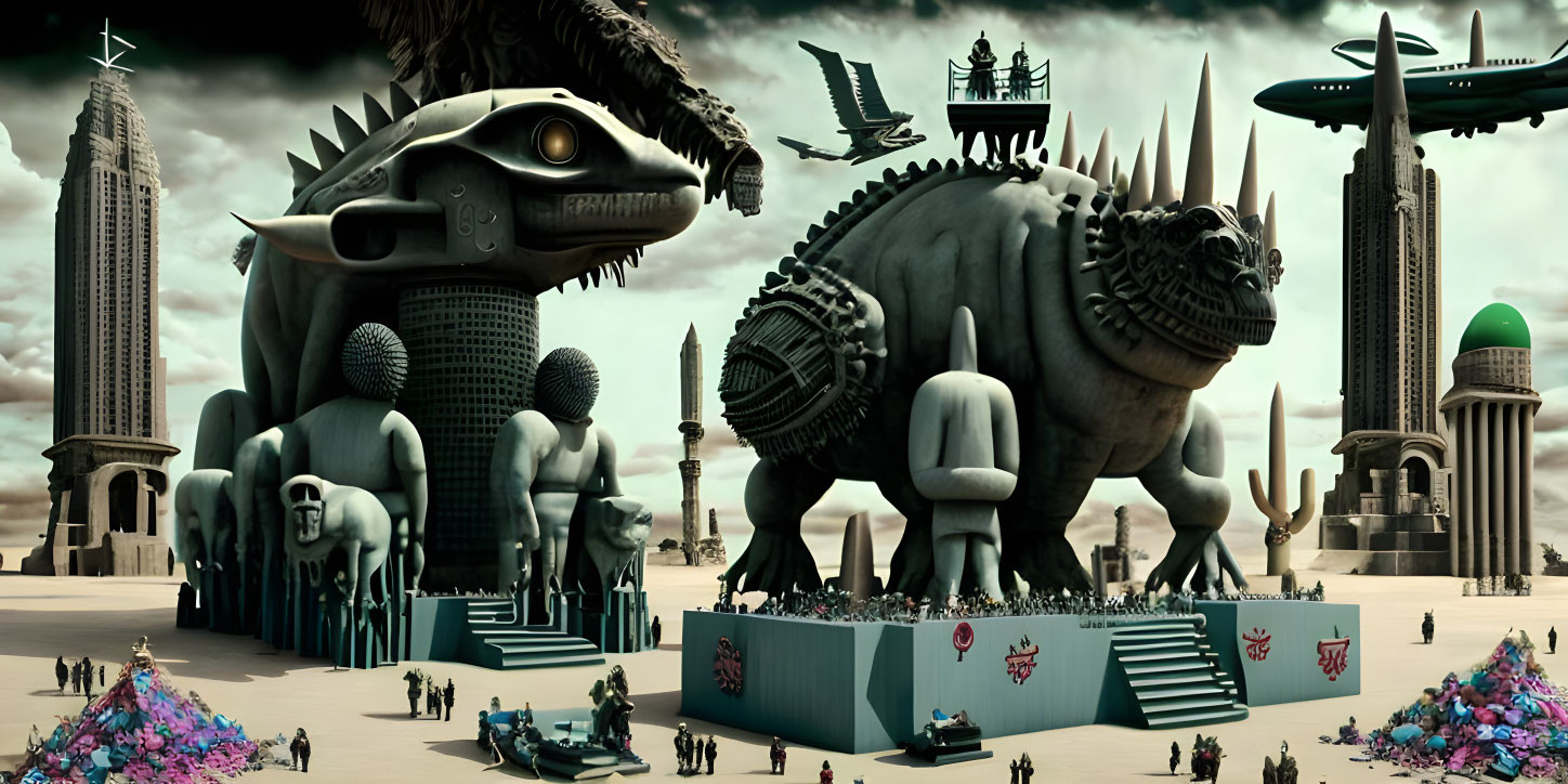 Futuristic cityscape with mechanized dinosaur sculptures and flying vehicles.