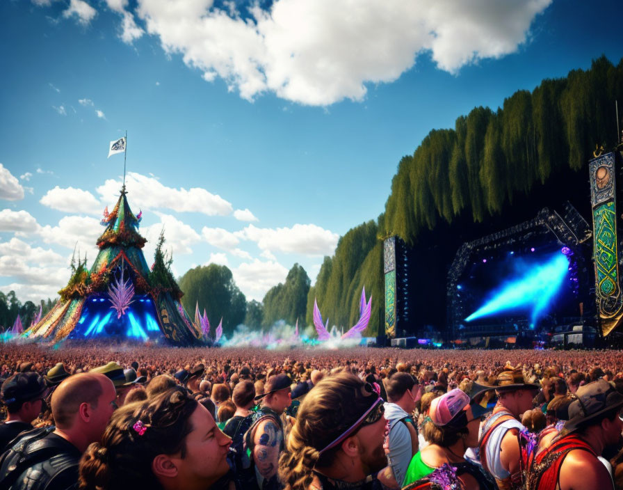 Crowded outdoor music festival with bright stage lights