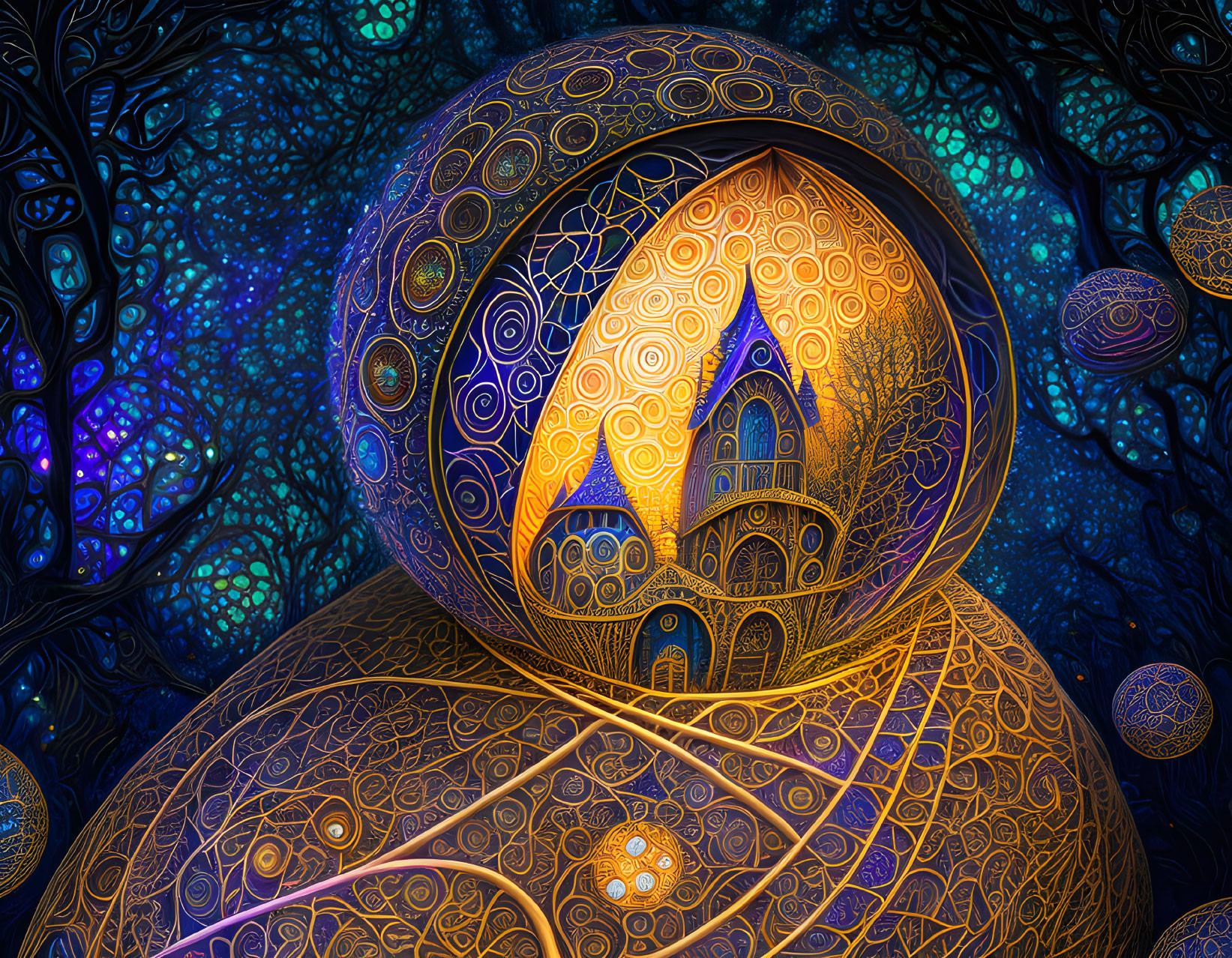 Colorful digital artwork: Fractal castle under starry tree canopy