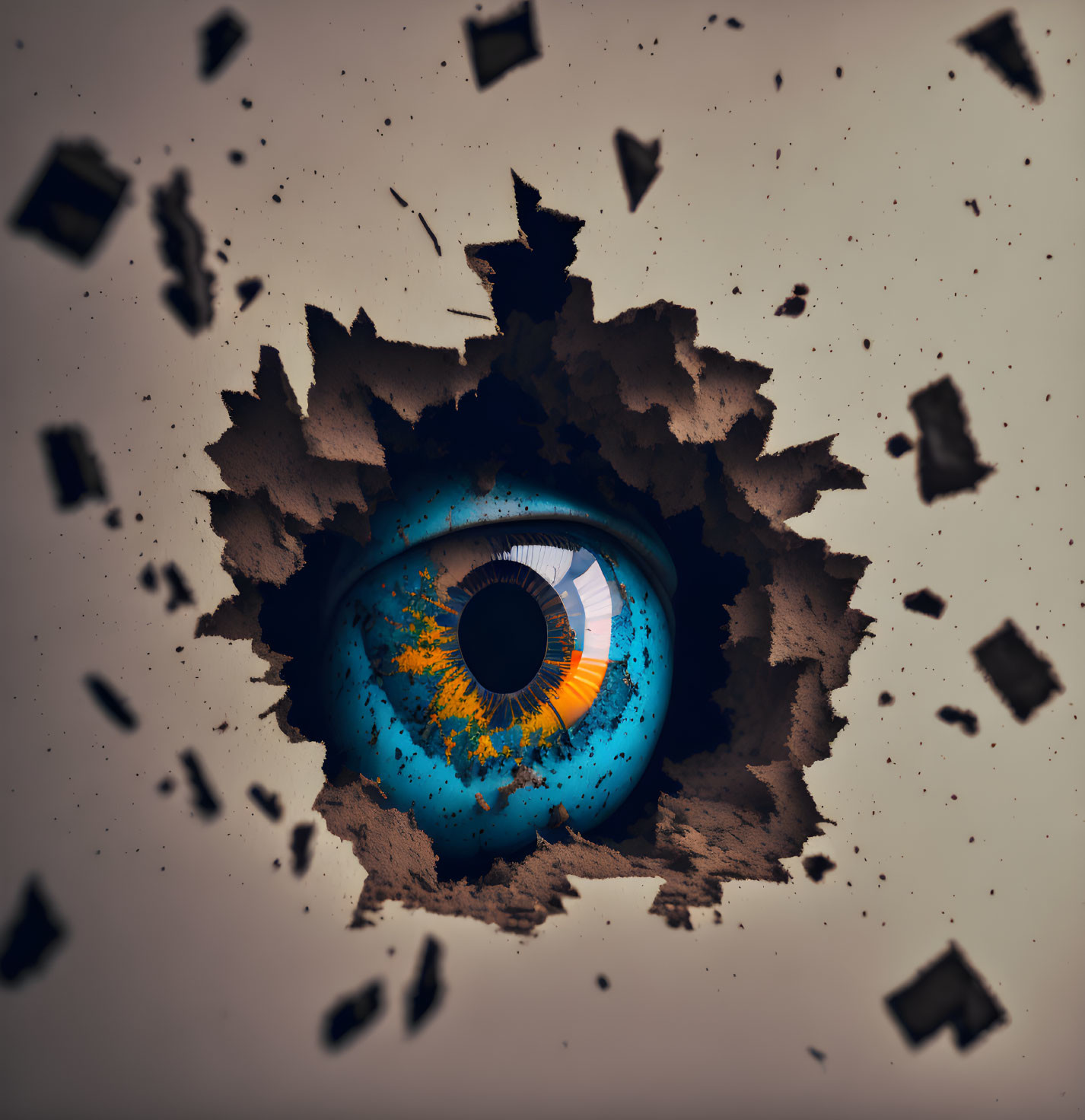 Vivid blue eye gazes through jagged hole in wall