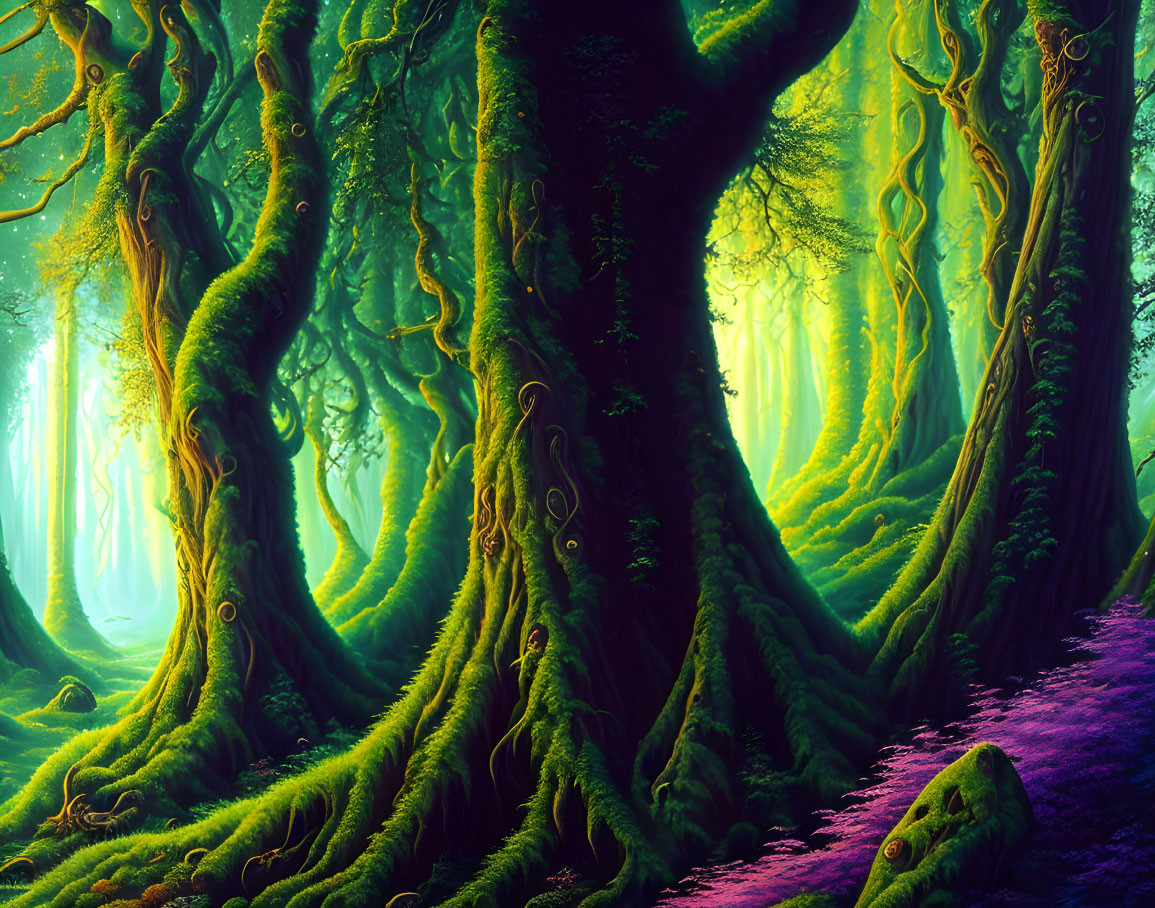 Mystical forest with tall moss-covered trees and green glow