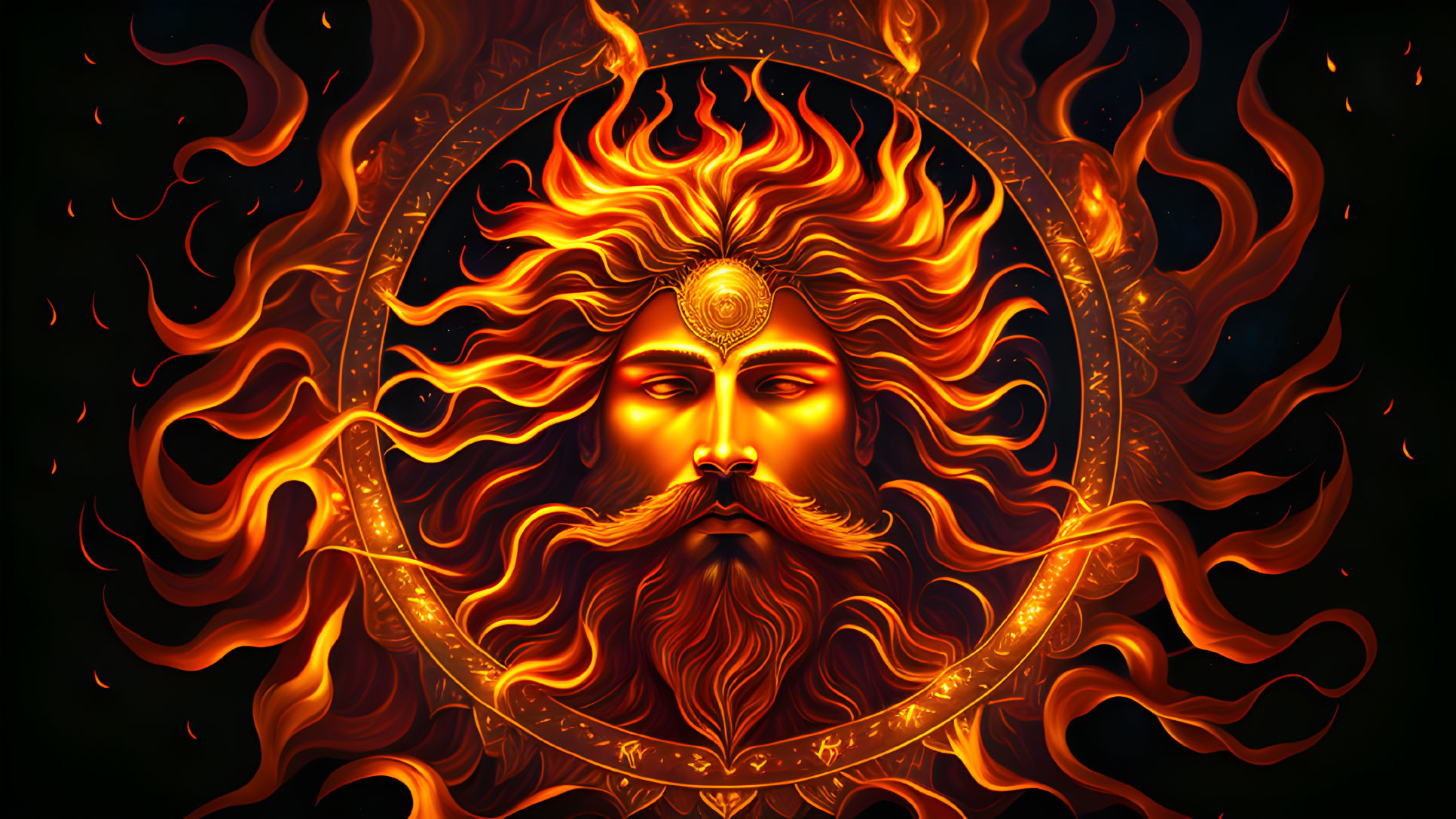 Vibrant face artwork with glowing eyes and fiery elements on dark backdrop