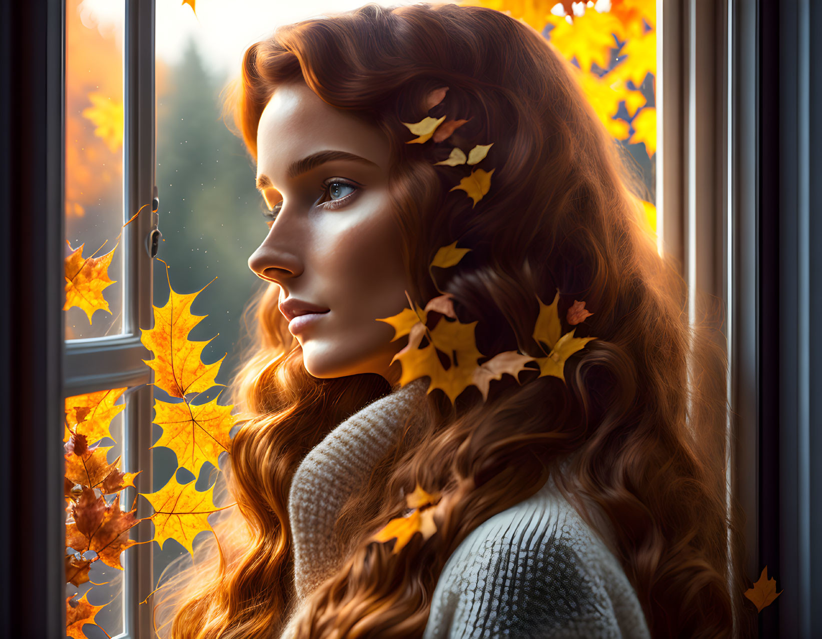 Autumn-themed portrait of woman with wavy hair gazing out window