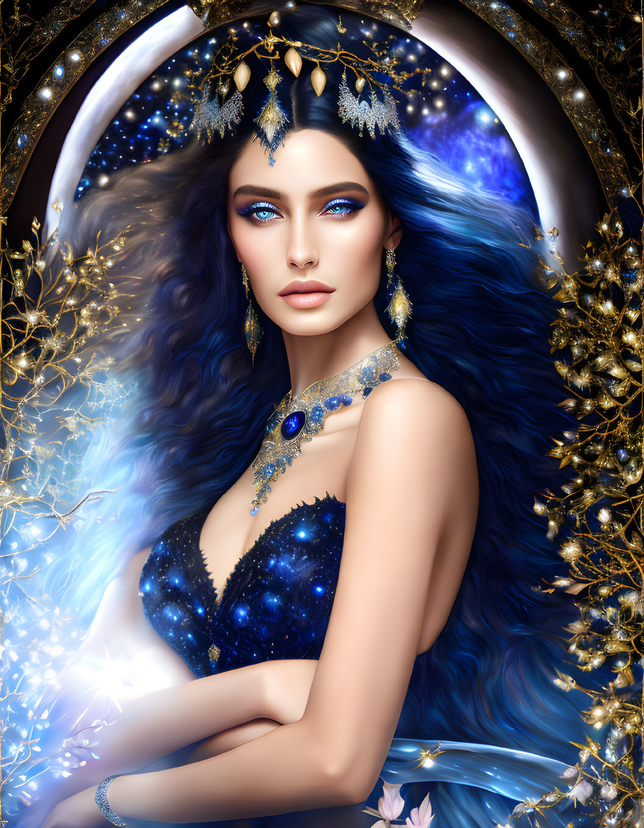 Fantasy portrait of woman with blue hair and eyes in starry dress against cosmic backdrop