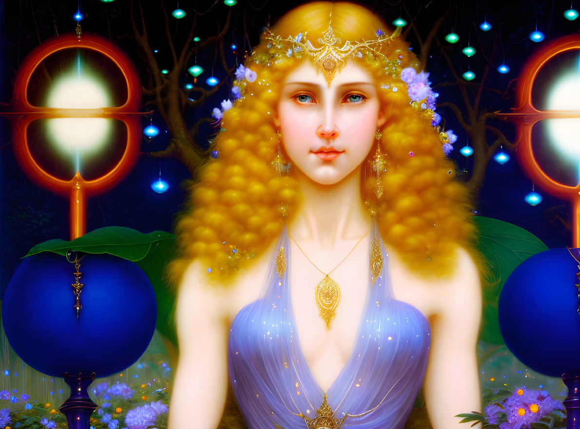 Digital Artwork: Woman with Golden Hair and Blue Dress in Enchanted Forest