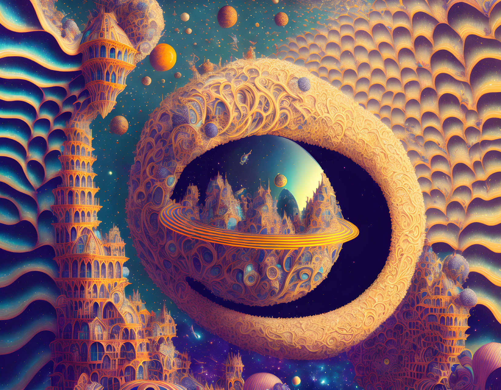 Fantastical surreal landscape with intricate towers and celestial bodies