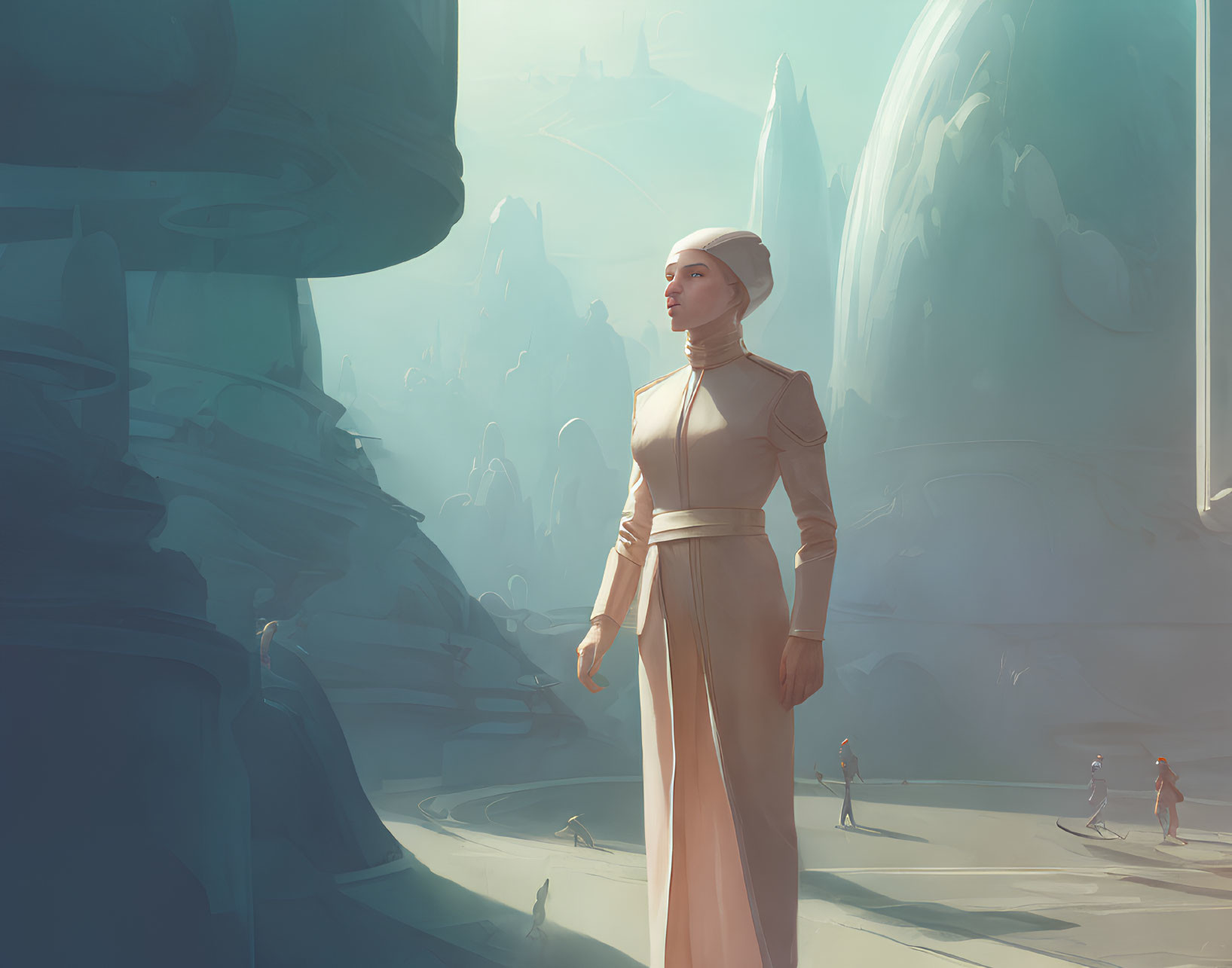 Futuristic woman in white outfit in vast architectural space