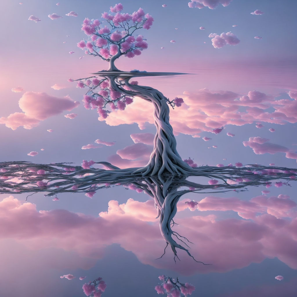 Cherry blossom tree in surreal pink sky landscape