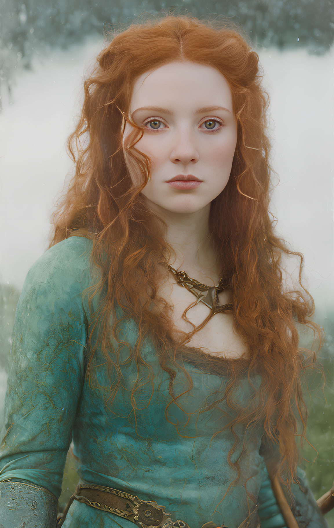 Woman with Long Curly Red Hair in Teal Medieval Dress and Necklace, Serene Expression