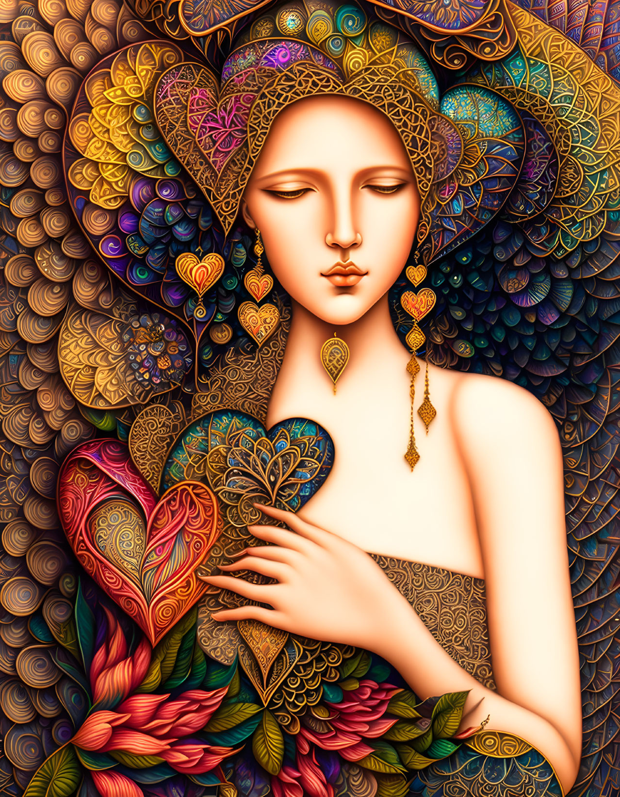 Colorful illustration of woman with intricate hair and heart, surrounded by patterns