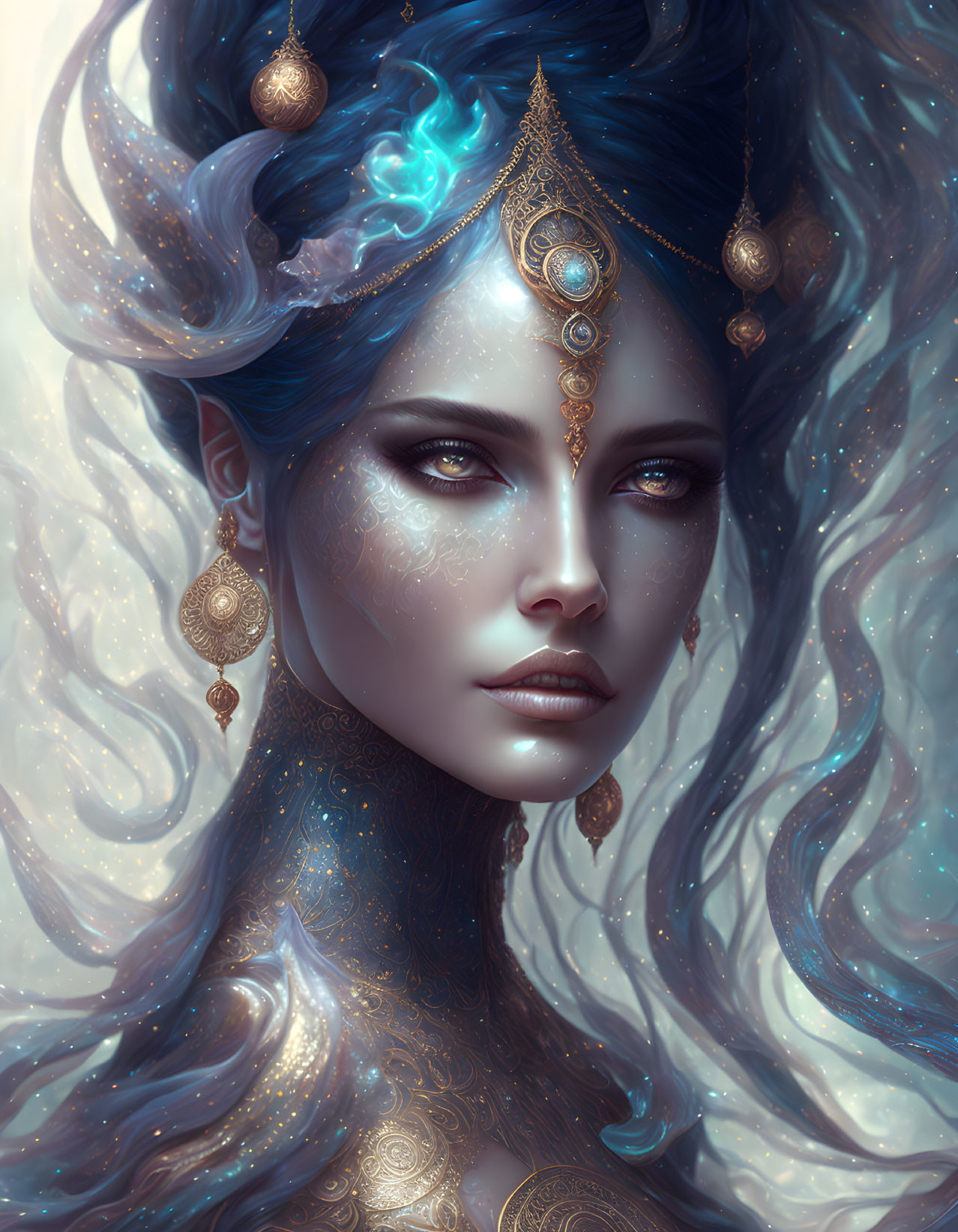 Ethereal woman with blue hair and gold ornaments