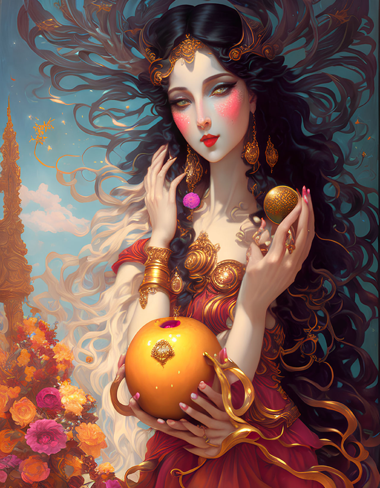 Fantasy illustration of woman with dark hair and gold jewelry holding golden fruit