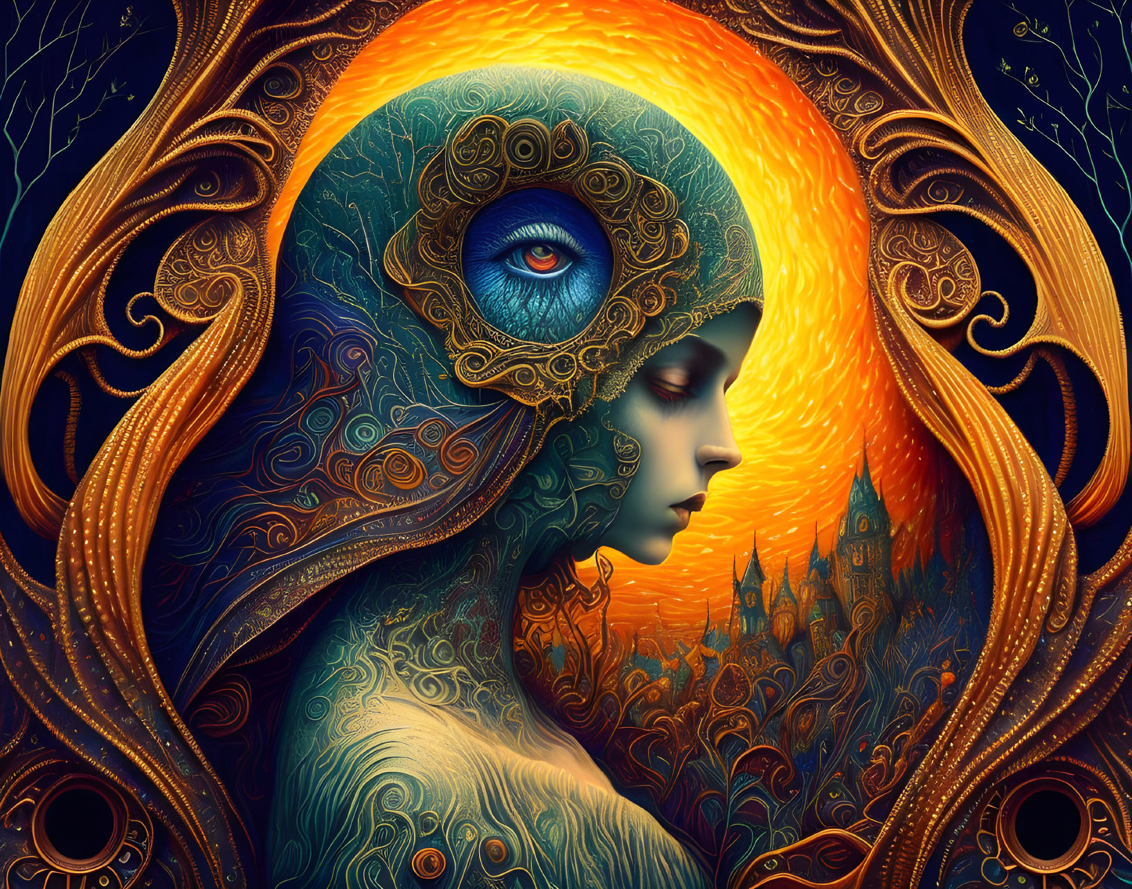 Surreal illustration of woman with sun-and-moon motif, intricate patterns, eye detail, and