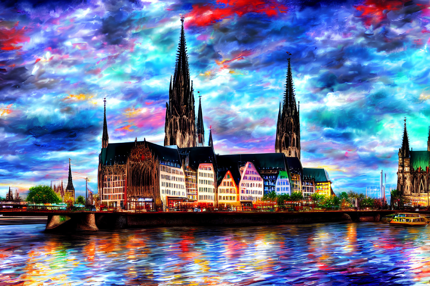 Colorful depiction of Cologne Cathedral and buildings by a river with dramatic sky and reflections